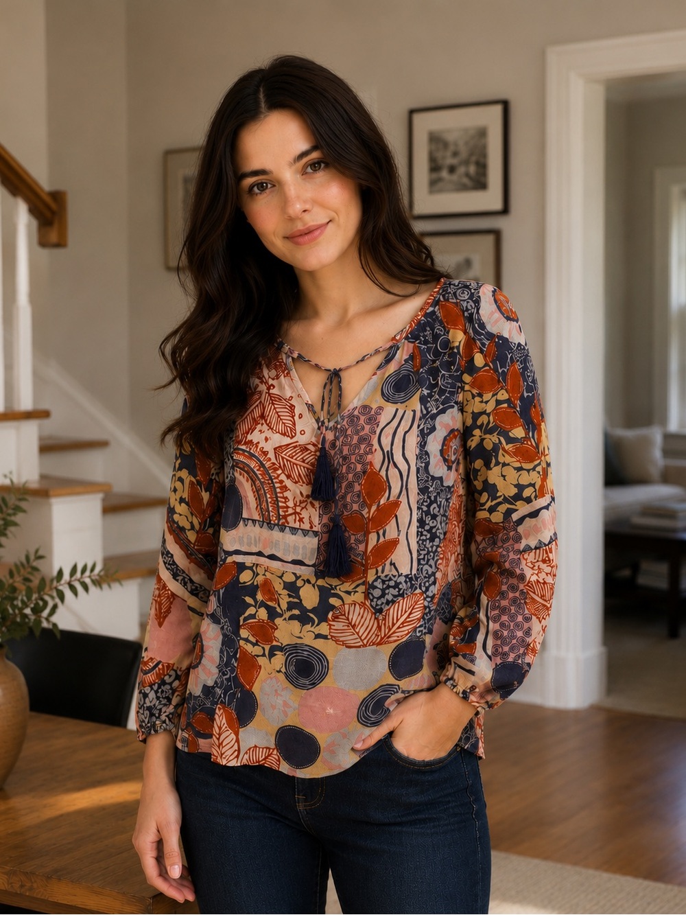 Joy Joy Abstract Floral Billowy Blouse Top size Large